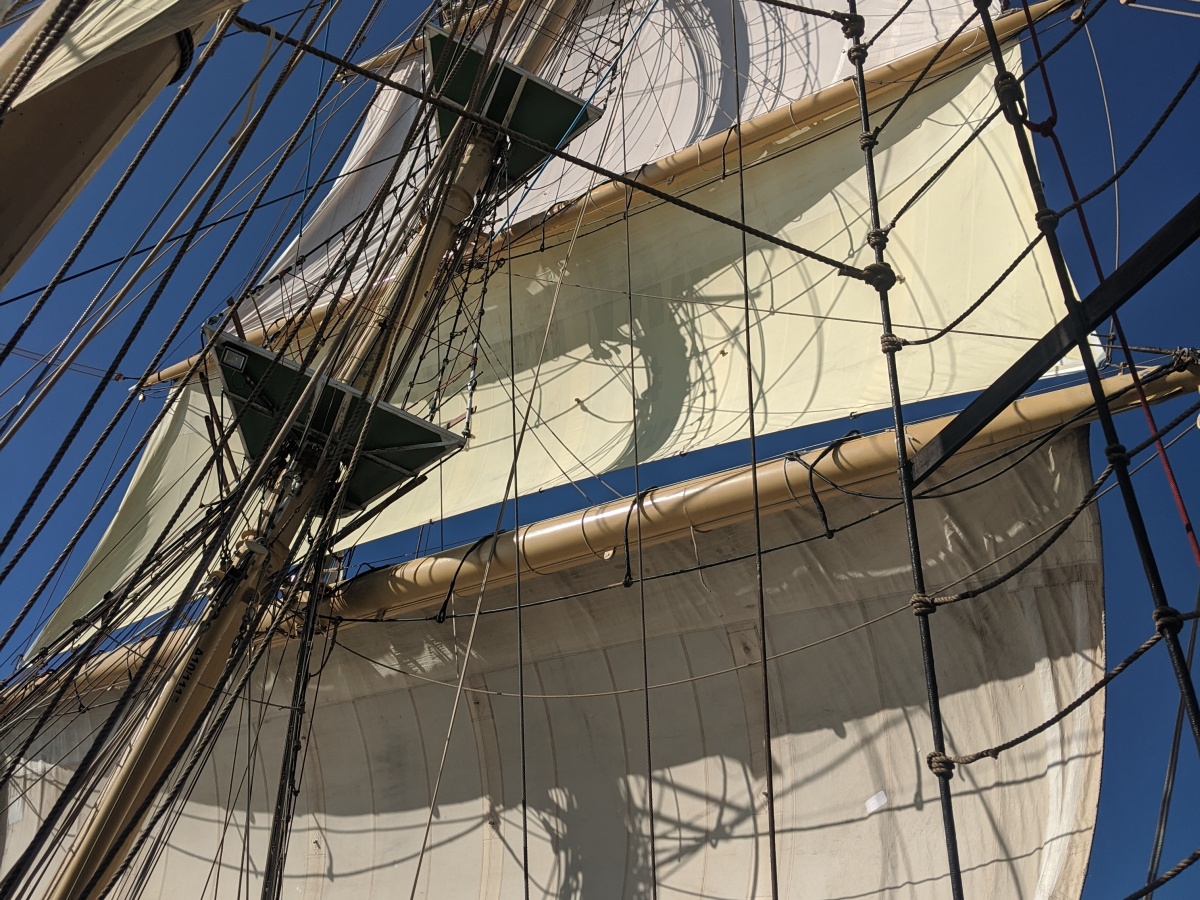 Square sails set on Pelican of London